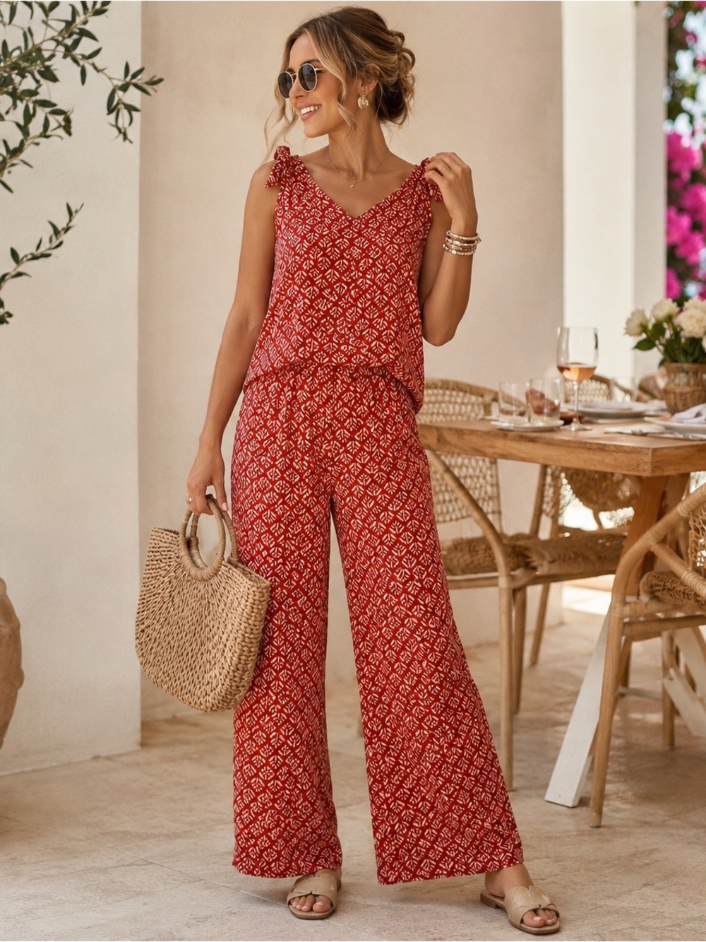 CeCe Rust & Cream Resort Matching Set Wide Leg Pants + Sleeveless Rayon Top M